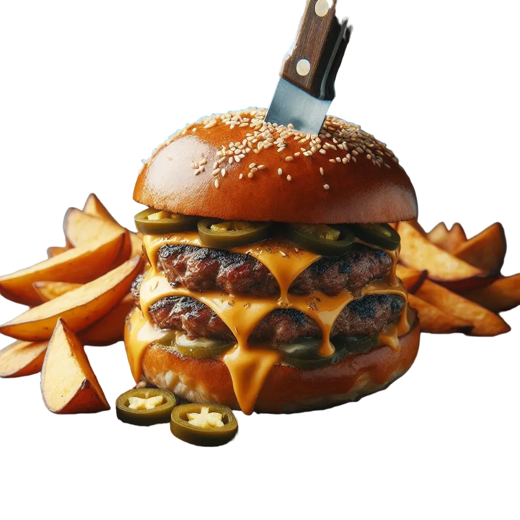 Hamburguesa doble de res con ingredientes frescos y jugosos, presentada en un pan artesanal - Comasagua, El Salvador - Restaurantes El Salvador